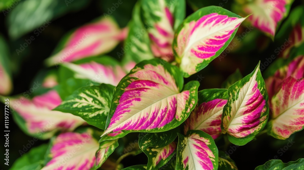 Obraz premium Moses in the cradle plant close-up showcasing vibrant pink and green foliage against a dark background for a striking visual appeal.