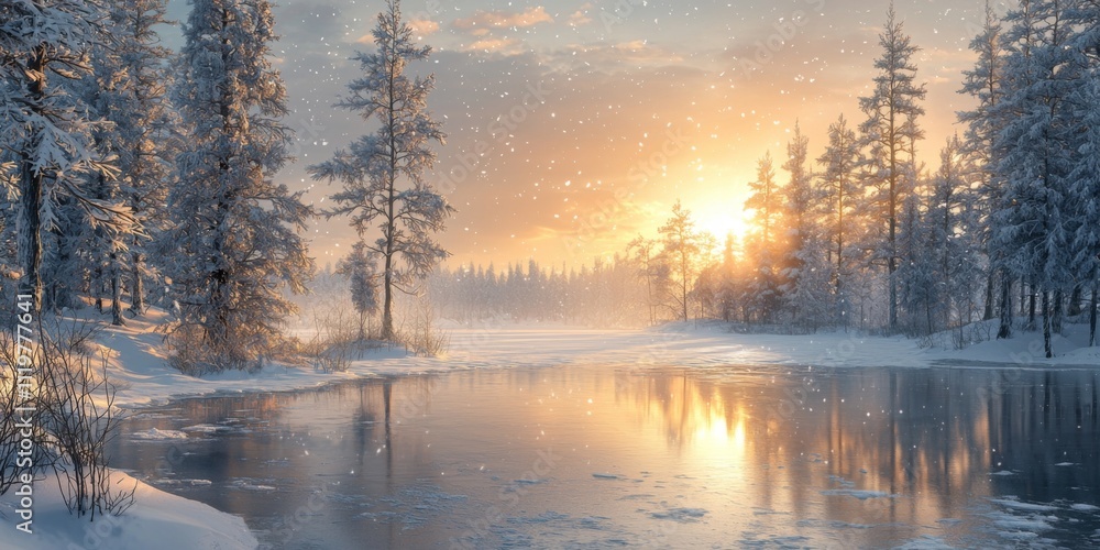 Stunning Winter Wonderland Snow Covered Pines Frozen Lake Sunset Stunning Winter Wonderland Snow Covered Pines Frozen Lake Sunset