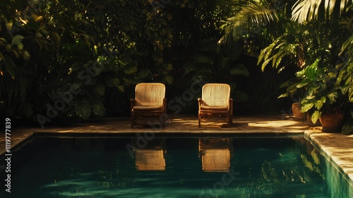 Wooden lounge chairs by a serene swimming pool surrounded by lush greenery in a tranquil Kenyan garden setting. photo