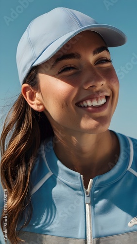 Confident Sporty Woman Smiling Brightly in Casual Style on Blue Background