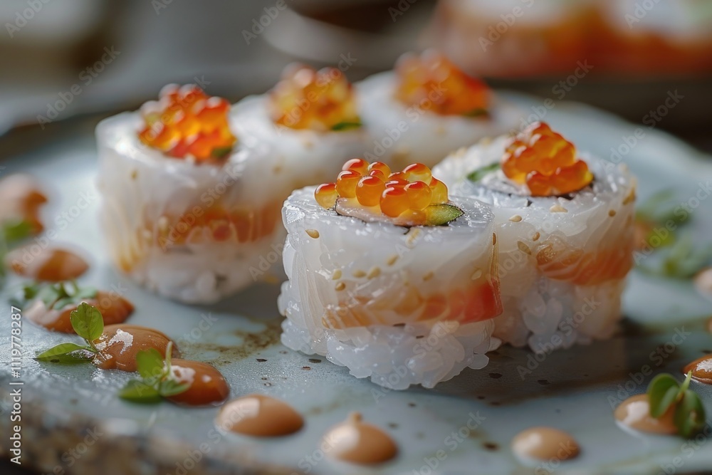 A dish of Japanese cuisine featuring a plate of sushi topped with caviar, ideal for luxury events or special occasions A dish of Japanese cuisine featuring a plate of sushi topped with caviar, ideal for luxury events or special occasions