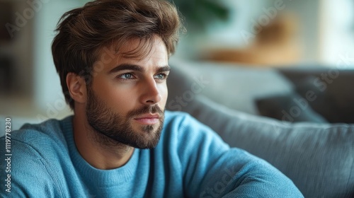 A pensive man in a blue sweater reflecting in a cozy home environment with soft natural light and comfortable furnishings photo