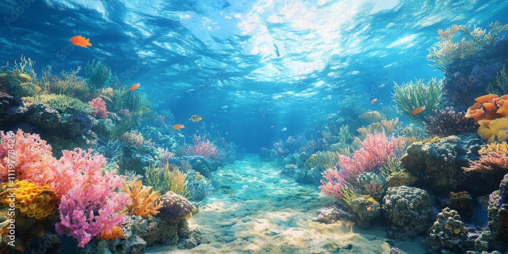 Naklejka premium Vibrant Coral Reef Panorama Underwater Ocean Scene Tropical Fish Marine Life