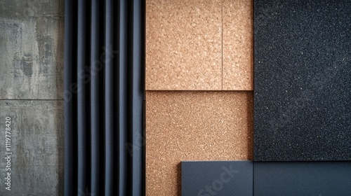 Soundproof acoustic panels and cork board arranged on a textured cement wall suitable for studio sound isolation and acoustic treatment photo