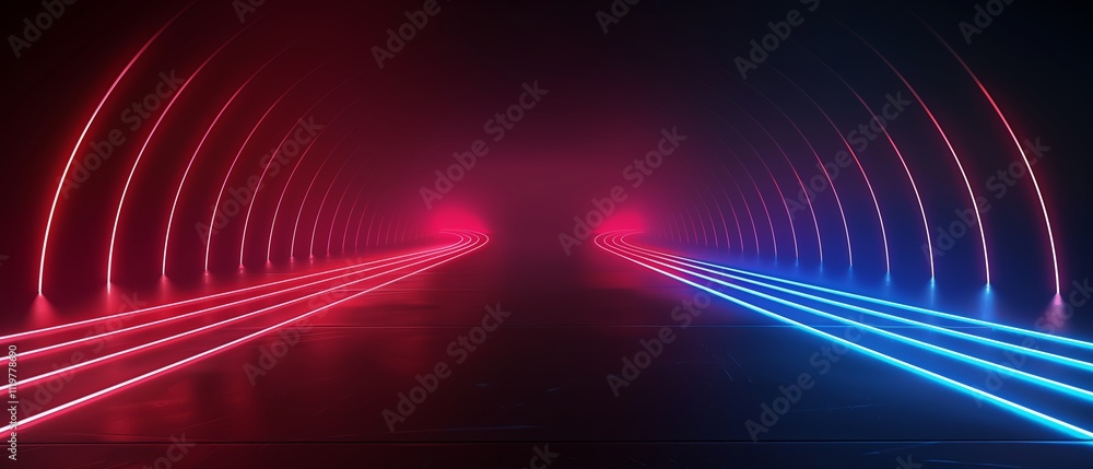 Tunnel with red and blue lights. The tunnel is dark and the lights are bright. The tunnel is long and narrow Tunnel with red and blue lights. The tunnel is dark and the lights are bright. The tunnel is long and narrow