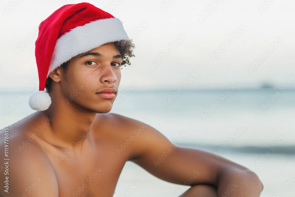 Obraz premium A person enjoying a sunny day at the beach while wearing a festive Santa hat