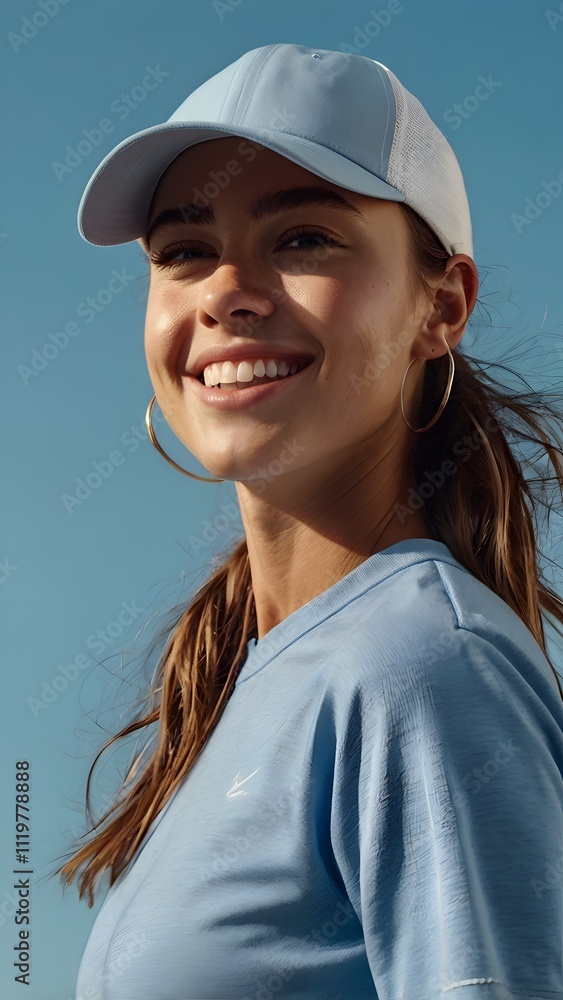 Confident Sporty Woman Smiling Brightly in Casual Style on Blue Background Confident Sporty Woman Smiling Brightly in Casual Style on Blue Background