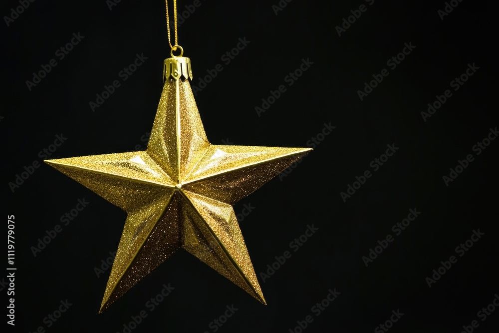 A golden star-shaped ornament hangs from a string, ready for display or decoration A golden star-shaped ornament hangs from a string, ready for display or decoration