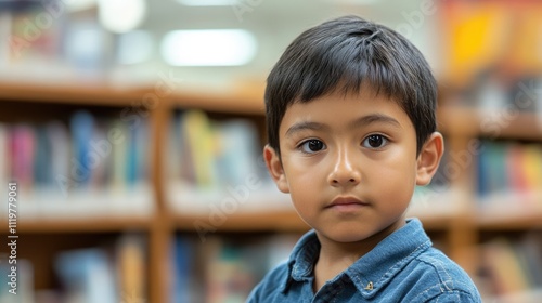 Young student with short black hair in a blue shirt looking thoughtfully at the camera in a library setting with books in the background