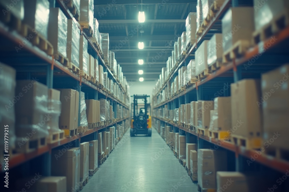 A Forklift Navigating Through an Aisle of Stacked Cardboard Boxes in a Well-Organized Warehouse Space with Bright Ceiling Lights A Forklift Navigating Through an Aisle of Stacked Cardboard Boxes in a Well-Organized Warehouse Space with Bright Ceiling Lights