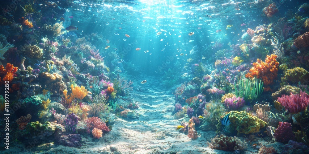 Obraz premium Vibrant Coral Reef Panorama Underwater Ocean Scene Fish Sunlight