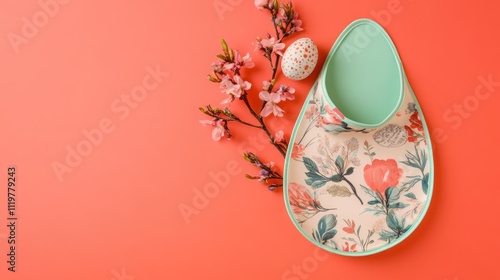 Easter themed baby bib flatlay with flowers and egg for mockup design showcasing negative space for custom text and creativity photo