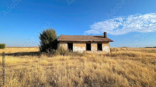 Abandoned countryside house surrounded by golden grass under a clear blue sky showcasing rural decay and solitude. photo