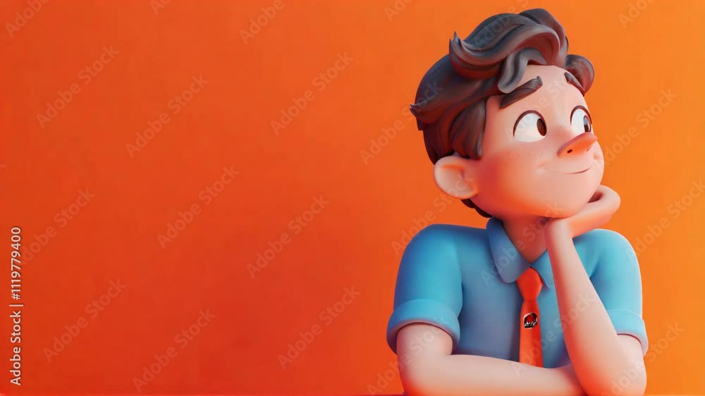 Cheerful 3D cartoon man with hand on chin, smiling thoughtfully against a bright orange background. Concept of ideas, imagination, and creativity. Cheerful 3D cartoon man with hand on chin, smiling thoughtfully against a bright orange background. Concept of ideas, imagination, and creativity.
