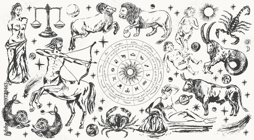 Hand drawn zodiac signs illustration set. Horoscope background with astrology symbols. Leo, virgo, pisces, gemini, scorpio.