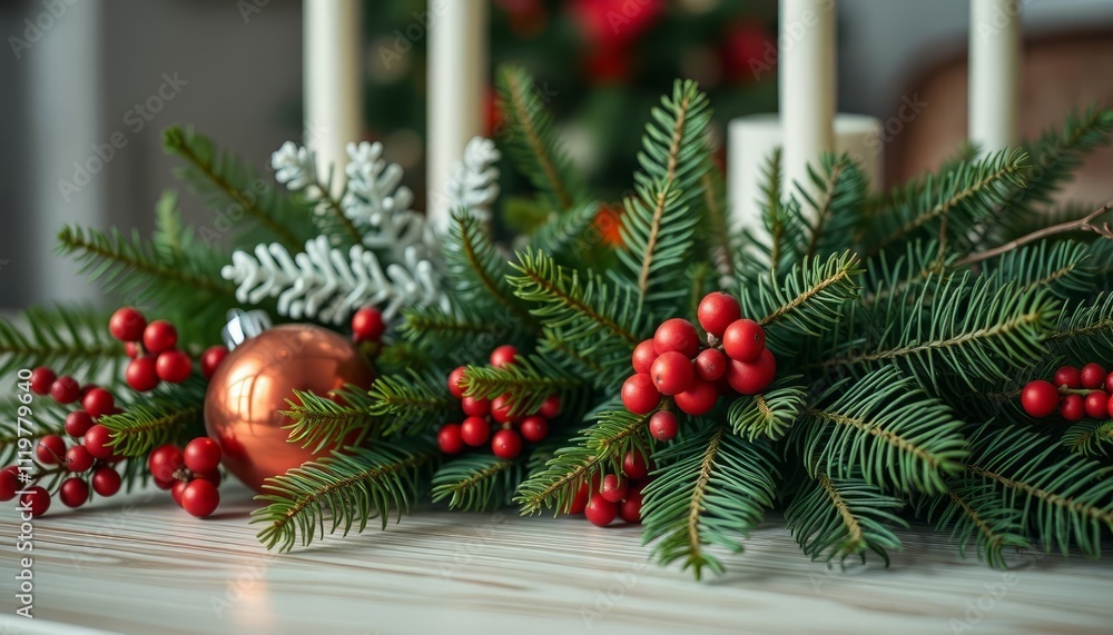 Fototapeta premium A beautiful Christmas centerpiece with lush greenery, red berries, and elegant ornaments. Perfect for holiday table decor and design inspiration.