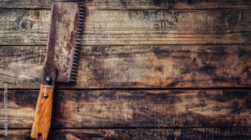 Vintage hand saw on rustic wooden background with ample copyspace for woodworking or DIY themed projects photo