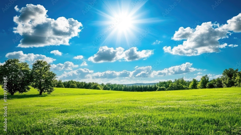 Fototapeta premium Vibrant summer landscape featuring lush green fields under a bright blue sky with fluffy white clouds and radiant sunshine