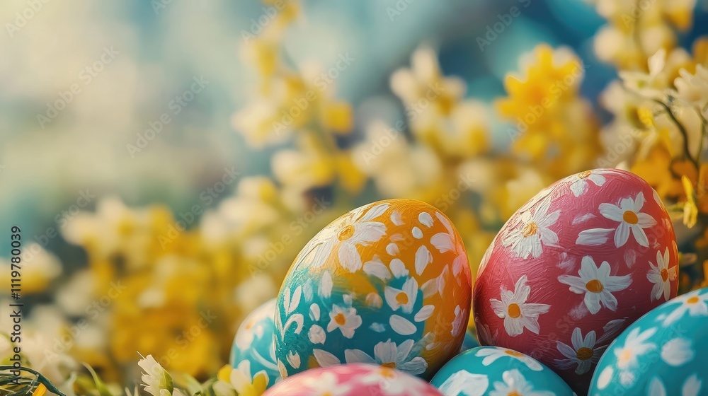 Vibrant Easter eggs with floral designs surrounded by spring flowers for festive greeting card backgrounds and seasonal decorations Vibrant Easter eggs with floral designs surrounded by spring flowers for festive greeting card backgrounds and seasonal decorations