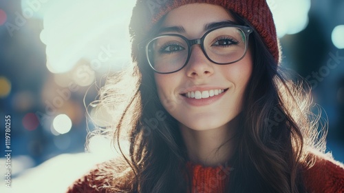 Smiling young woman with glasses and knit hat in city.