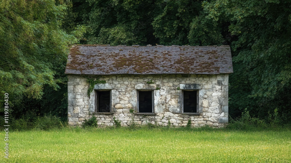 Fototapeta premium Neglected stone building with small windows set in a grassy meadow surrounded by lush green forest foliage.