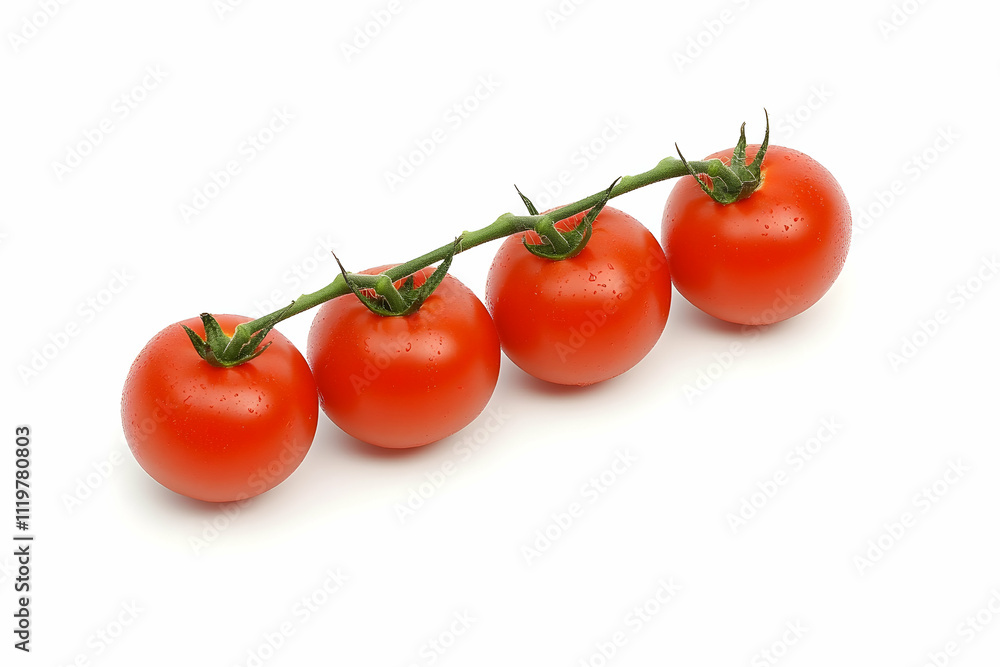 Four ripe red cherry tomatoes on the vine, isolated on white background. Four ripe red cherry tomatoes on the vine, isolated on white background.