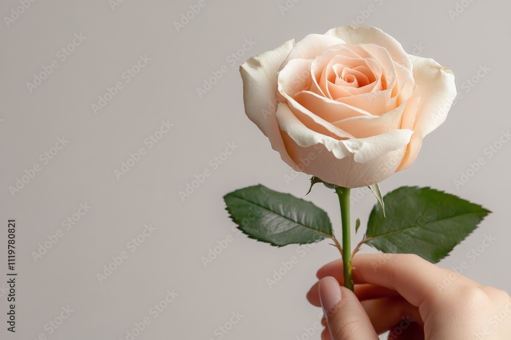 Fototapeta premium Beautiful peach rose held delicately against a light background in a soft and elegant manner