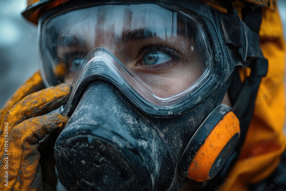 A person dressed in protective gear for unknown hazardous environment, possibly a worker or emergency responder A person dressed in protective gear for unknown hazardous environment, possibly a worker or emergency responder