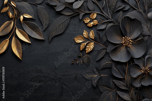 Intricate wall art featuring dark leaves and golden flowers in a modern decor setting photo