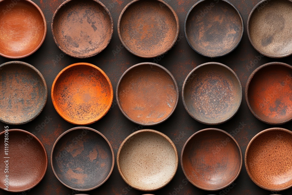 Collection of rustic ceramic bowls arranged in a creative pattern on a textured background Collection of rustic ceramic bowls arranged in a creative pattern on a textured background