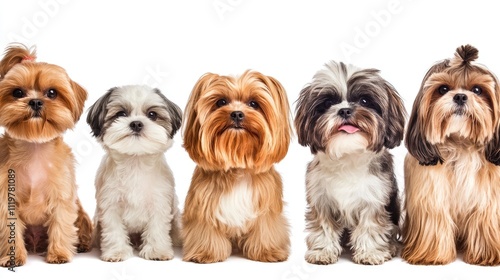 Five adorable shih tzu puppies lined up together showcasing various colors and expressions on a clean white background photo