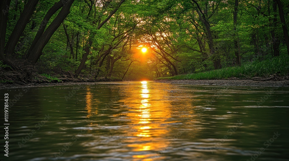 Obraz premium Sunset illuminating a tranquil river flowing through a lush green forest.