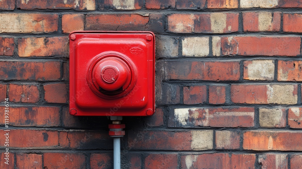 Red dry riser inlet box mounted on a brick wall designed for emergency fire service water connections at a shopping mall. Red dry riser inlet box mounted on a brick wall designed for emergency fire service water connections at a shopping mall.