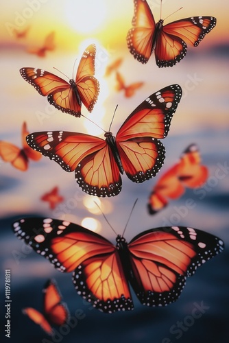 A group of orange butterflies flying above the surface of a calm body of water