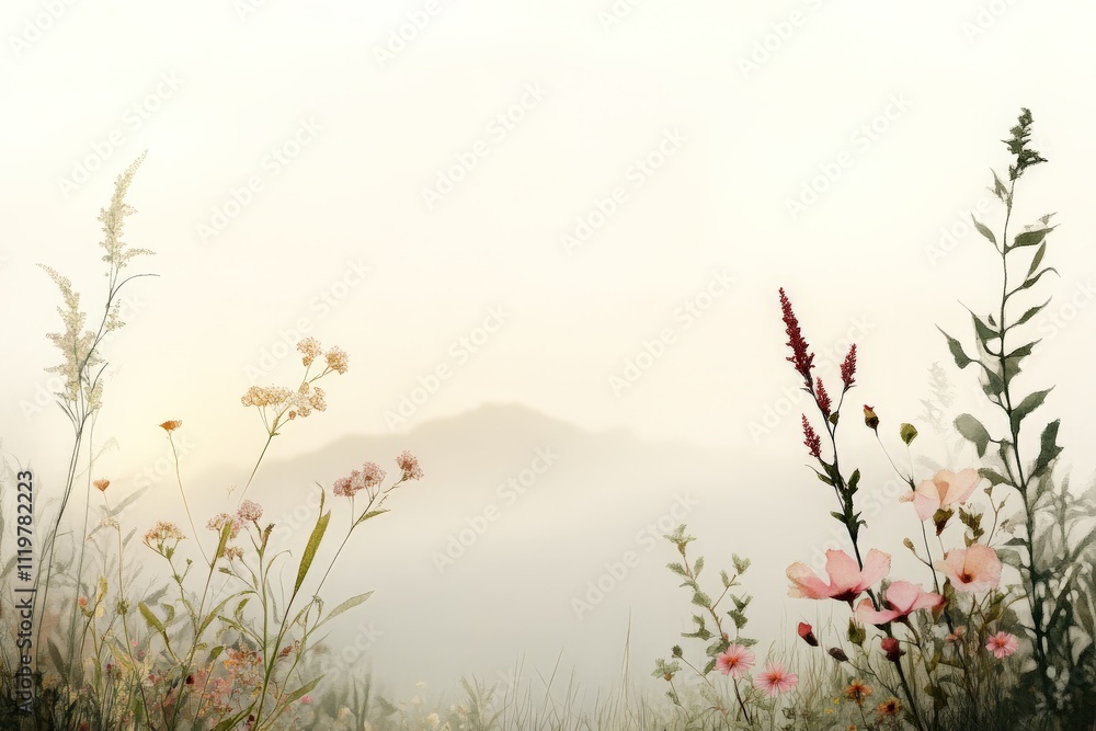Wildflowers bloom in a serene meadow at dawn, surrounded by a soft mist and gentle light Wildflowers bloom in a serene meadow at dawn, surrounded by a soft mist and gentle light