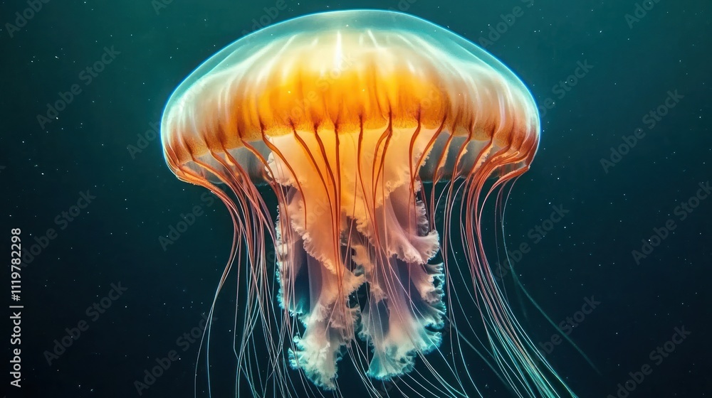 Orange jellyfish underwater close-up. Orange jellyfish underwater close-up.