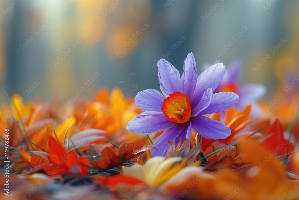 Fototapeta premium A single purple flower sits atop a vibrant orange field