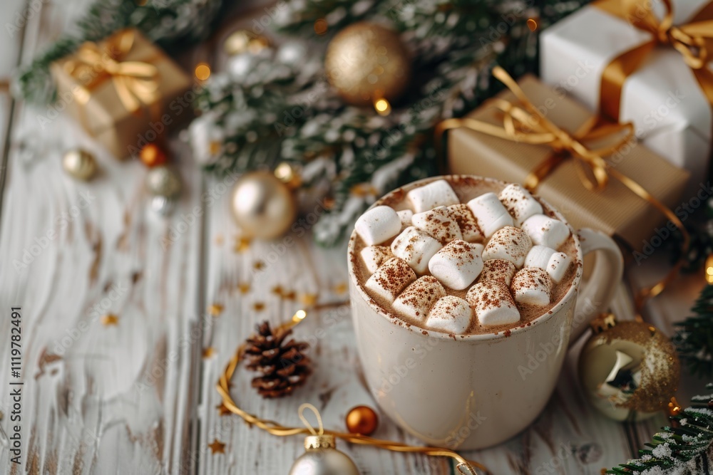 A steaming cup of hot chocolate topped with fluffy marshmallows, perfect for warming up on a cold day A steaming cup of hot chocolate topped with fluffy marshmallows, perfect for warming up on a cold day