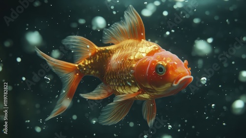 Golden fish swimming gracefully in an underwater environment surrounded by bubbles and light reflections showcasing marine life beauty