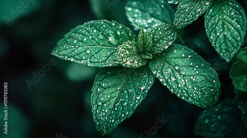 Close-up of vibrant green mint leaves with dew drops, fresh and natural botanical detail