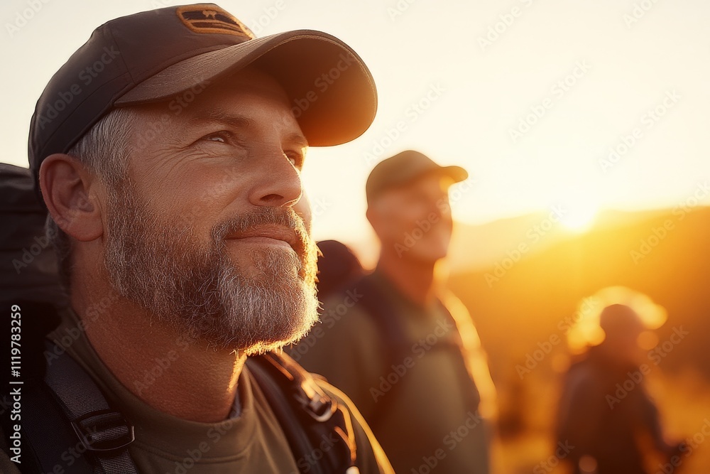 Group of hikers enjoying sunset in the mountains while exploring nature and connecting with each other Group of hikers enjoying sunset in the mountains while exploring nature and connecting with each other