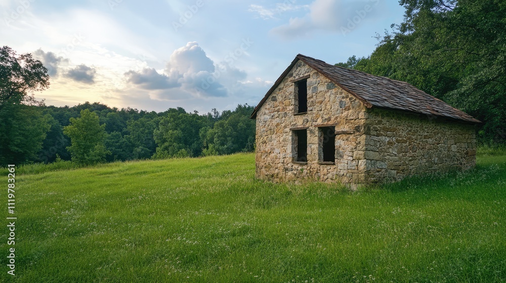 Neglected stone building in a grassy meadow under a scenic sky showcasing nature's reclaiming of old architecture Neglected stone building in a grassy meadow under a scenic sky showcasing nature's reclaiming of old architecture