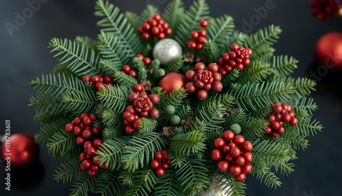 A beautiful Christmas centerpiece with lush greenery, red berries, and elegant ornaments. Perfect for holiday table decor and design inspiration.