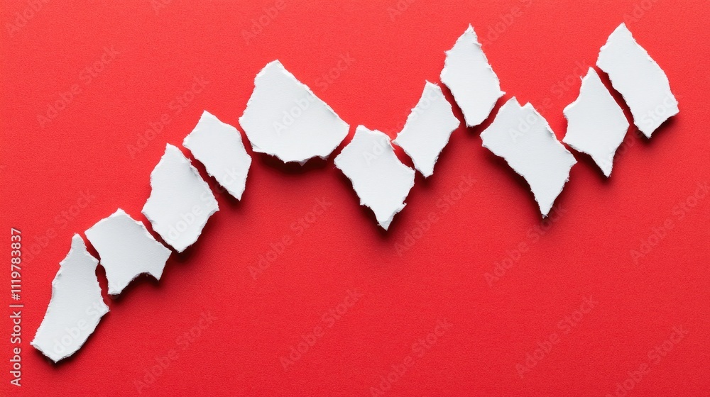 Conceptual financial statement represented by torn paper pieces on a vibrant red background illustrating fluctuating trends and growth potential Conceptual financial statement represented by torn paper pieces on a vibrant red background illustrating fluctuating trends and growth potential