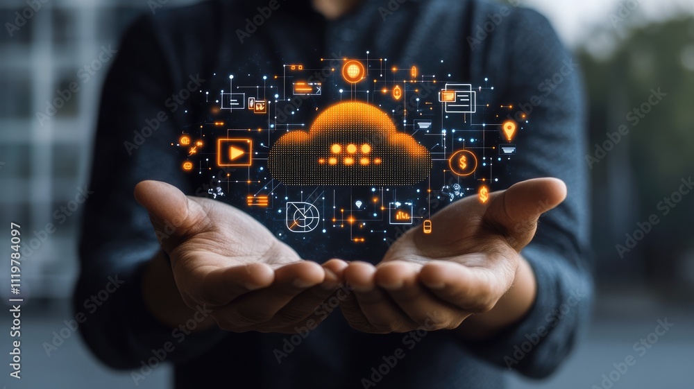 A businessman holds a digital glowing planet with network and global connection technology icons . This business illustration concept depicts the internet cloud technology, , generative ai A businessman holds a digital glowing planet with network and global connection technology icons . This business illustration concept depicts the internet cloud technology, , generative ai