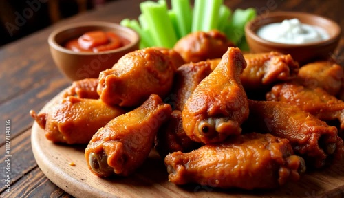 Spicy chicken wings served on a wooden platter with dipping sauces and celery sticks