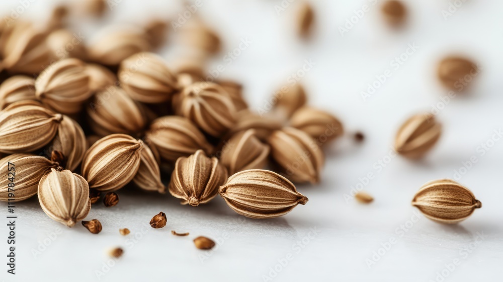 Coriander seeds arranged on a clean white background, featuring detailed texture and selective focus on individual seeds, culinary use, spices, natural ingredients. Coriander seeds arranged on a clean white background, featuring detailed texture and selective focus on individual seeds, culinary use, spices, natural ingredients.