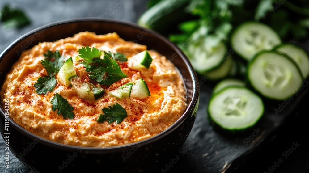 Fermented fish spicy dip served in a bowl with fresh cucumber slices garnished with herbs traditional cuisine presentation Fermented fish spicy dip served in a bowl with fresh cucumber slices garnished with herbs traditional cuisine presentation