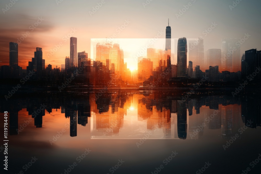 Fototapeta premium Urban skyline bathed in warm sunset light reflecting on calm waters of the river