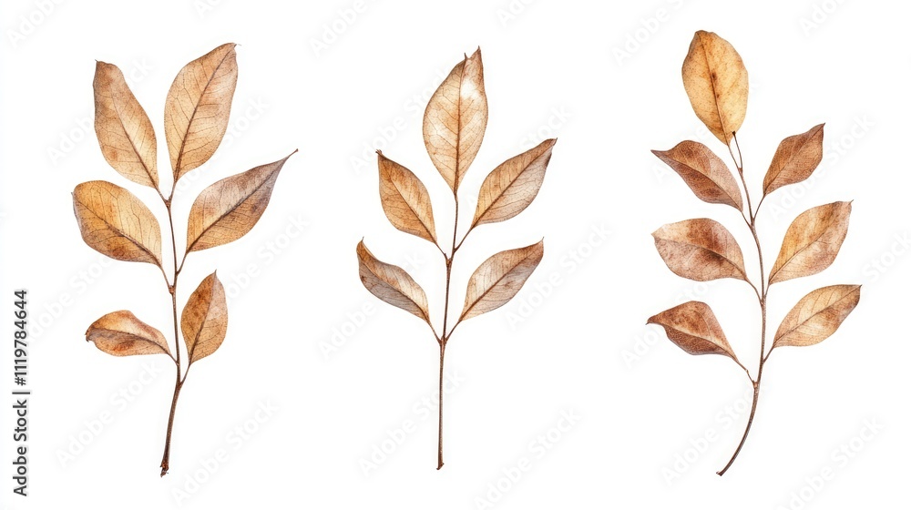 Dried leaves arrangement on a clean white background showcasing natural textures and earthy tones for design and decor purposes Dried leaves arrangement on a clean white background showcasing natural textures and earthy tones for design and decor purposes